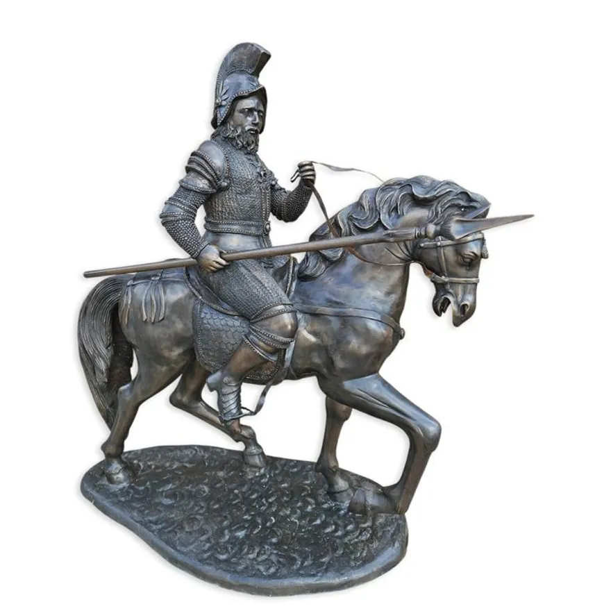 Casa Padrino Luxus Bronze Skulptur Ritter zu Pferd mit Lanze Bronze / Schwarz 150 x H. 145 cm - Riesige Bronzefigur - Mittelalter Deko - Große Gartenfigur