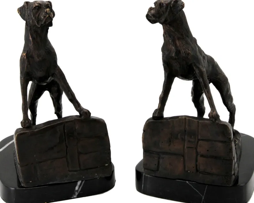 Casa Padrino Luxus Buchstützen Set Hunde Bronze auf schwarzem Marmor Sockel - Luxus Deko