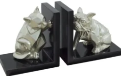Casa Padrino Luxus Buchstützen Set Katze & Hund Silber / Schwarz 18 x 18 x H. 10 cm - Deko Bronzefiguren mit Holzsockel