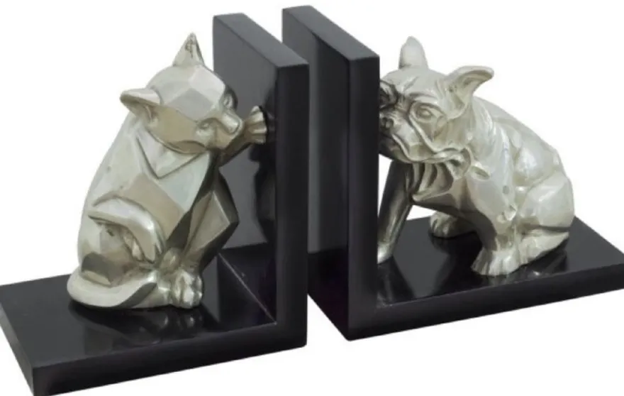 Casa Padrino Luxus Buchstützen Set Katze & Hund Silber / Schwarz 18 x 18 x H. 10 cm - Deko Bronzefiguren mit Holzsockel