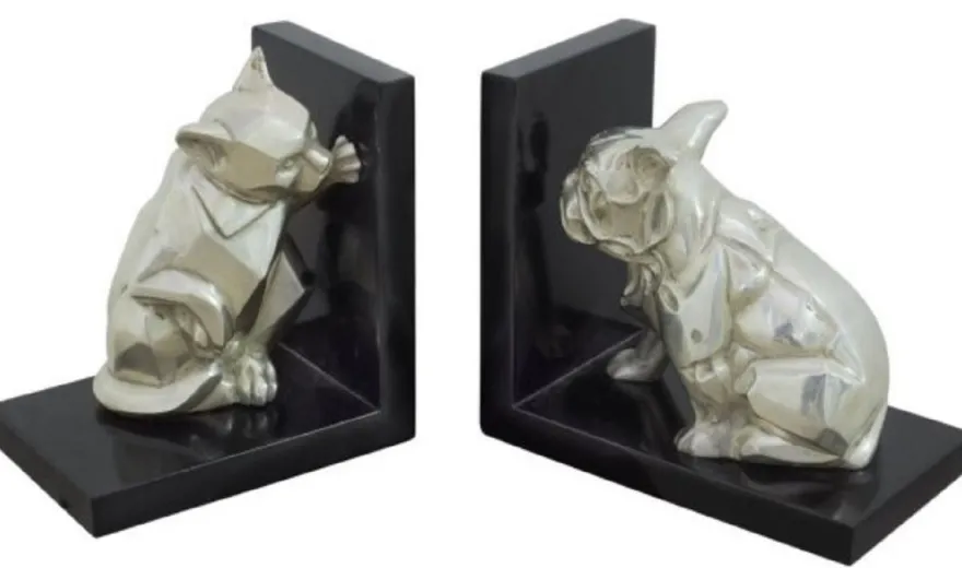 Casa Padrino Luxus Buchstützen Set Katze & Hund Silber / Schwarz 18 x 18 x H. 10 cm - Deko Bronzefiguren mit Holzsockel