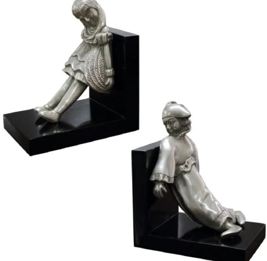 Casa Padrino Luxus Buchstützen Set Mädchen & Clown Silber / Schwarz 14 x 10 x H. 17 cm - Versilberte Deko Bronzefiguren mit Holzsockel