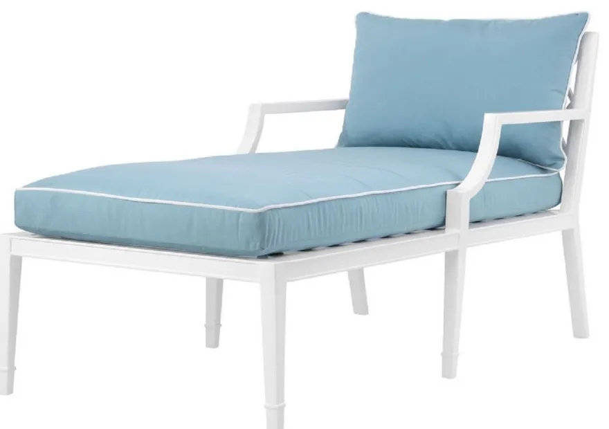 Casa Padrino Luxus Chaiselongue Weiß / Hellblau 68,5 x 157 x H. 79 cm - Liegesessel aus hochwertigen strapazierbarem Aluminium - Wohnzimmermöbel - Gartenmöbel - Gastronomie Möbel