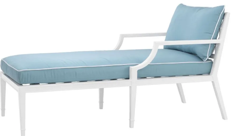 Casa Padrino Luxus Chaiselongue Weiß / Hellblau 68,5 x 157 x H. 79 cm - Liegesessel aus hochwertigen strapazierbarem Aluminium - Wohnzimmermöbel - Gartenmöbel - Gastronomie Möbel