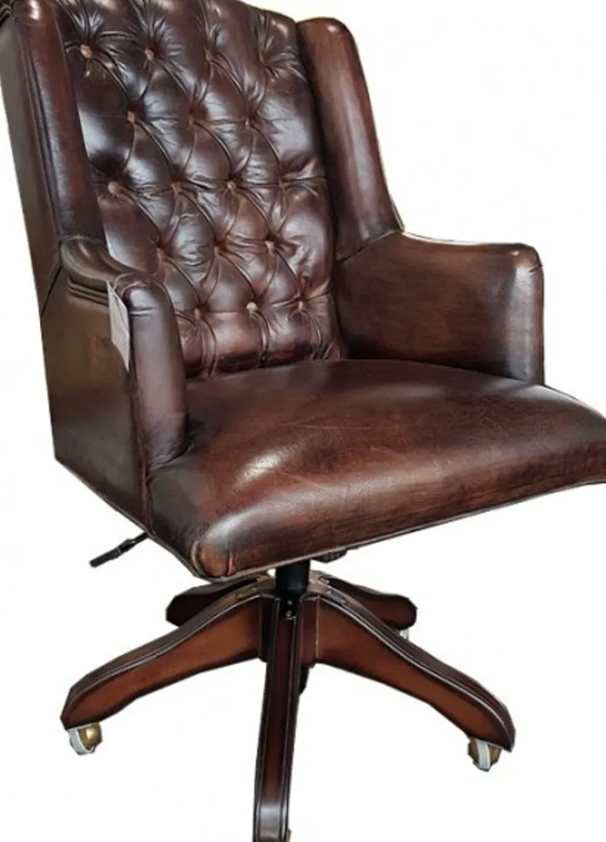 Casa Padrino Luxus Chefsessel aus Echtleder in Dunkelbraun, Drehstuhl mit Rollen, 64 x 67 x 104-111 cm