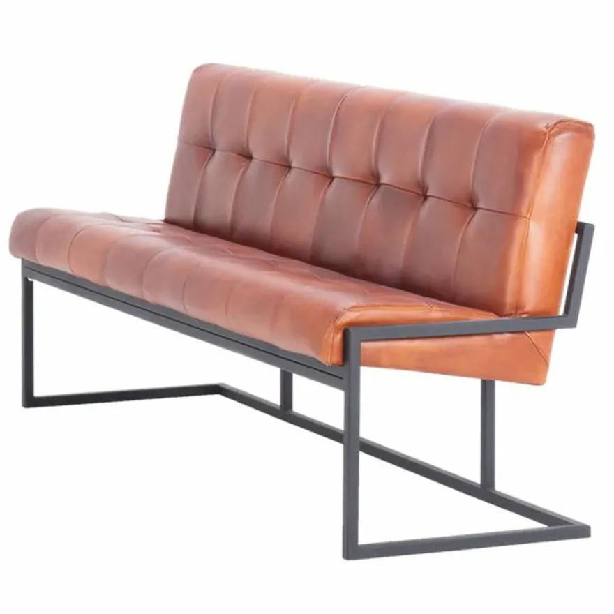Casa Padrino Luxus Chesterfield Echtleder Sitzbank Hellbraun / Schwarz 200 cm - Echtleder Möbel