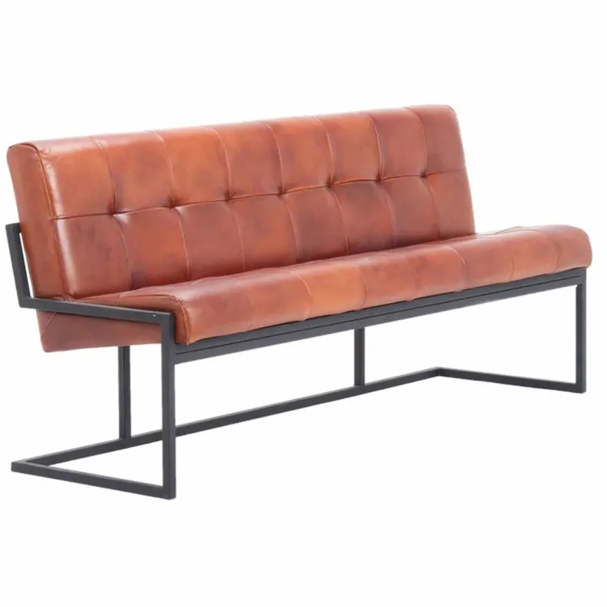 Casa Padrino Luxus Chesterfield Echtleder Sitzbank Hellbraun / Schwarz 200 cm - Echtleder Möbel