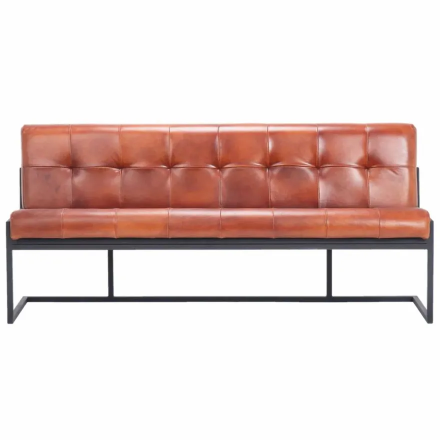 Casa Padrino Luxus Chesterfield Echtleder Sitzbank Hellbraun / Schwarz 200 cm - Echtleder Möbel