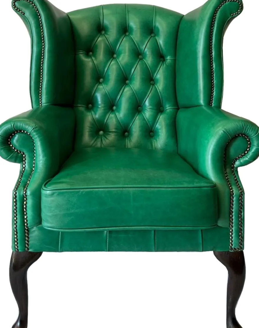 Casa Padrino Luxus Chesterfield Echtleder Ohrensessel Grün / Dunkelbraun H. 110 cm
