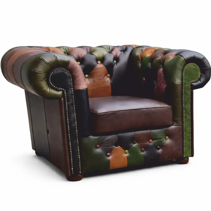 Casa Padrino Luxus Chesterfield Patchwork Echtleder Sessel Bunt - Leder Möbel