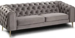 Casa Padrino Luxus Chesterfield 3er Sofa Grau / Messingfarben 217 x 95 x H. 80 cm - Modernes Wohnzimmer Sofa - Chesterfield Wohnzimmer Möbel