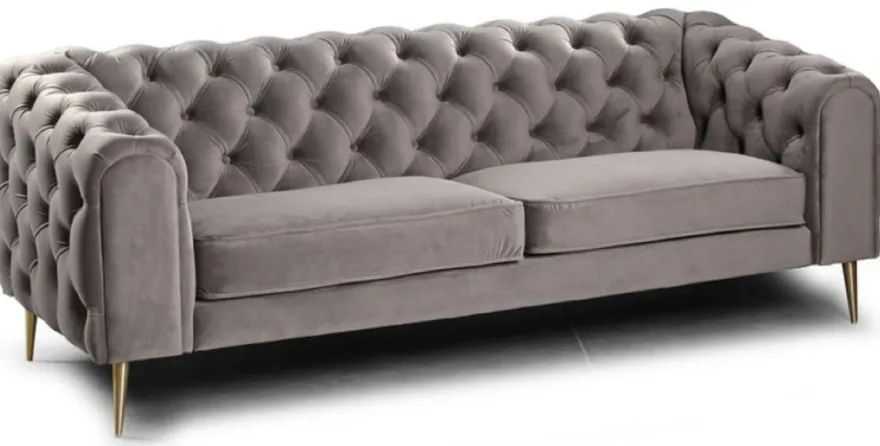 Casa Padrino Luxus Chesterfield 3er Sofa Grau / Messingfarben 217 x 95 x H. 80 cm - Modernes Wohnzimmer Sofa - Chesterfield Wohnzimmer Möbel