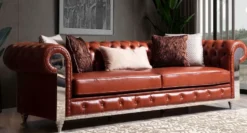 Casa Padrino Luxus Chesterfield Kunstleder Sofa Braun / Silber 270 x 100 x H. 70 cm - Wohnzimmer Sofa - Wohnzimmer Möbel - Chesterfield Möbel - Luxus Möbel - Luxus Einrichtung