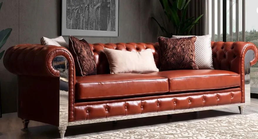 Casa Padrino Luxus Chesterfield Kunstleder Sofa Braun / Silber 270 x 100 x H. 70 cm - Wohnzimmer Sofa - Wohnzimmer Möbel - Chesterfield Möbel - Luxus Möbel - Luxus Einrichtung