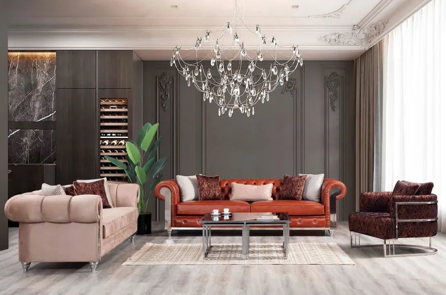 Casa Padrino Luxus Chesterfield Kunstleder Sofa Braun / Silber 270 x 100 x H. 70 cm - Wohnzimmer Sofa - Wohnzimmer Möbel - Chesterfield Möbel - Luxus Möbel - Luxus Einrichtung