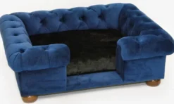 Casa Padrino Luxus Chesterfield Hundebett Blau / Braun / Schwarz 79 x 69 x H. 31 cm - Rechteckiges Hundebett - Luxus Chesterfield Hundemöbel - Luxus Chesterfield Tiermöbel