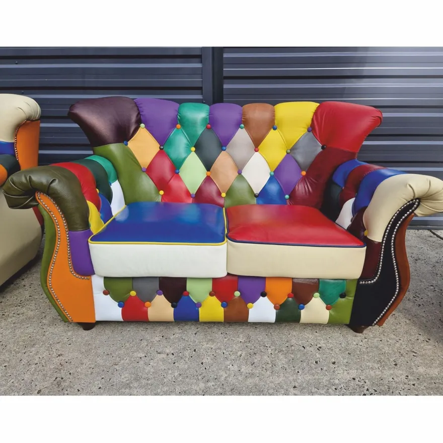 Casa Padrino Luxus Chesterfield Leder Wohnzimmer Set Bunt / Dunkelbraun - Patchwork Echtleder Möbel