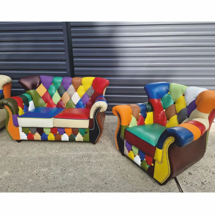 Casa Padrino Luxus Chesterfield Leder Wohnzimmer Set Bunt / Dunkelbraun - Patchwork Echtleder Möbel