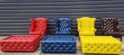 Casa Padrino Luxus Chesterfield Ohrensessel Blau / Dunkelbraun 98 x 90 x H. 110 cm - Echtleder Chesterfield Wohnzimmer Sessel - Wohnzimmer Möbel - Chesterfield Möbel - Luxus Leder Möbel