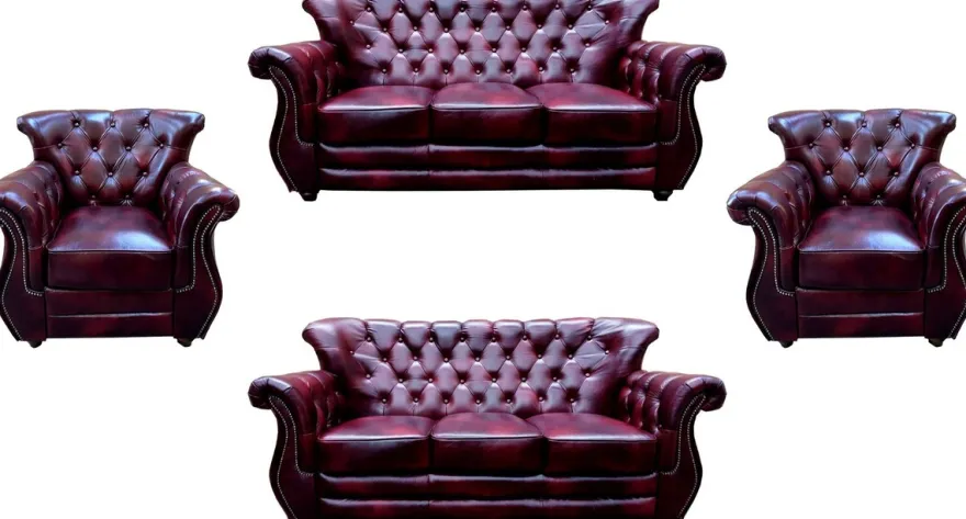 Casa Padrino Luxus Chesterfield Echtleder Wohnzimmer Set Bordeauxrot / Braun / Silber - 2 Leder Sofas & 2 Leder Sessel - Chesterfield Wohnzimmer Möbel
