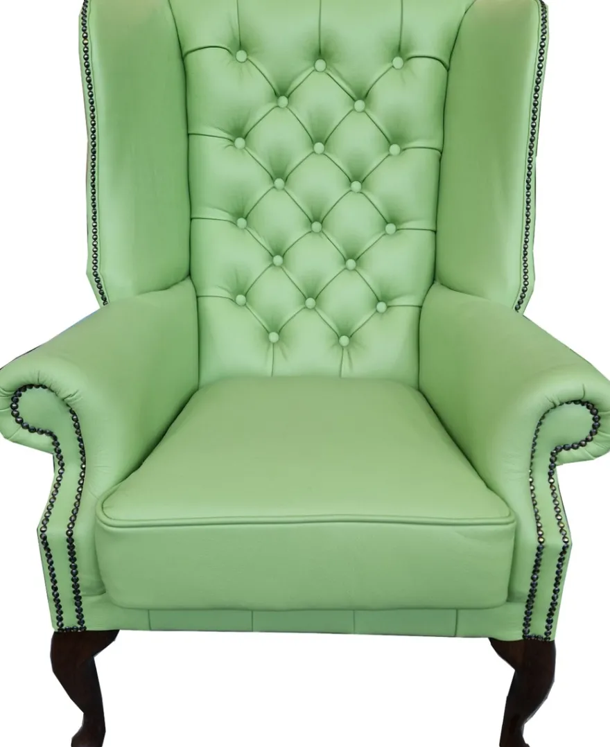 Casa Padrino Luxus Chesterfield Echtleder Ohrensessel Hellgrün / Dunkelbraun H. 110 cm