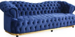 Casa Padrino Luxus Chesterfield Samt Sofa Blau / Gold / Schwarz 240 cm
