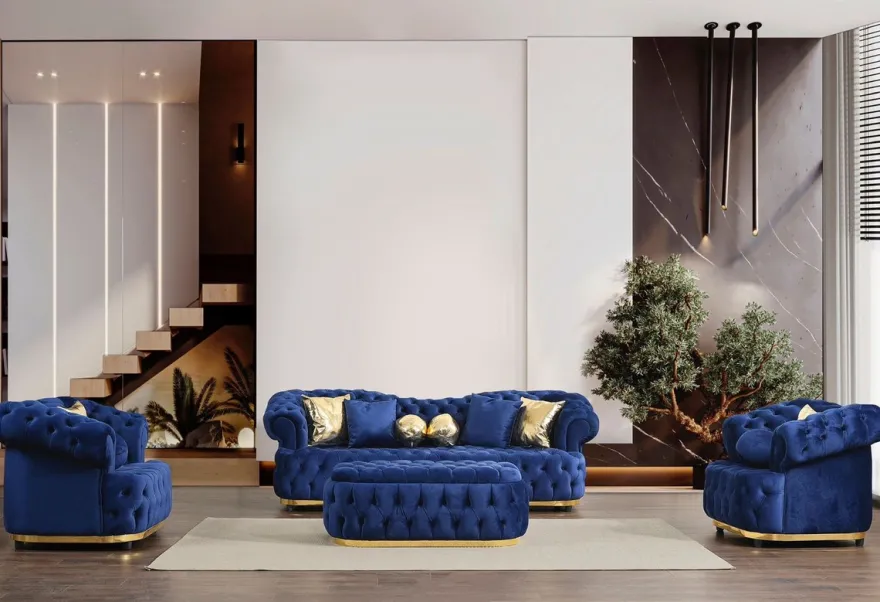 Casa Padrino Luxus Chesterfield Samt Sofa Blau / Gold / Schwarz 240 cm
