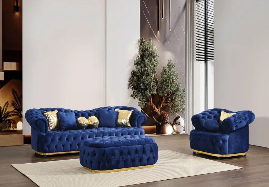 Casa Padrino Luxus Chesterfield Samt Sofa Blau / Gold / Schwarz 240 cm