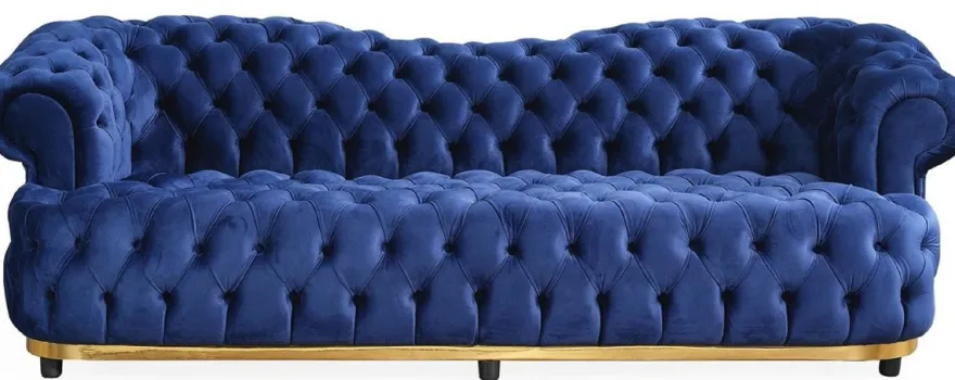 Casa Padrino Luxus Chesterfield Samt Sofa Blau / Gold / Schwarz 240 cm