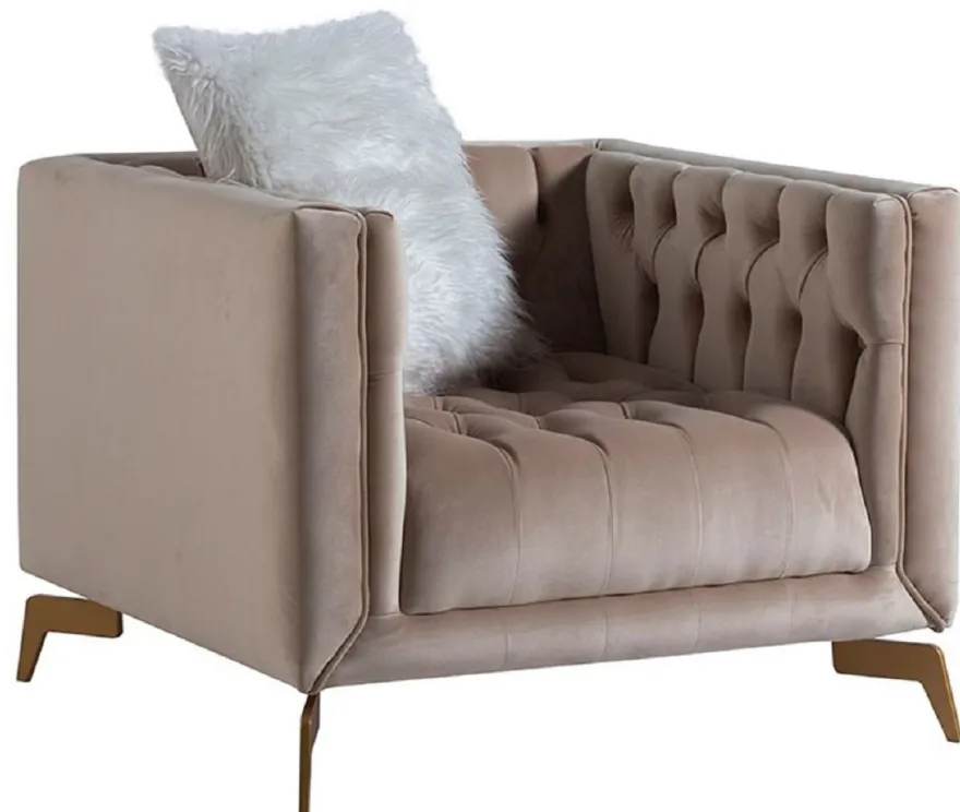 Casa Padrino Luxus Chesterfield Sessel Grau / Messingfarben 90 x 85 x H. 75 cm - Moderner Chesterfield Wohnzimmer Sessel - Luxus Chesterfield Wohnzimmer Möbel
