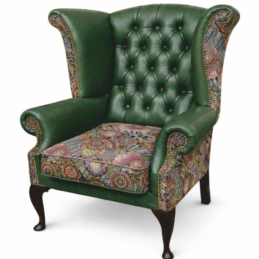 Casa Padrino Luxus Chesterfield Leder Ohrensessel Grün / Bunt / Dunkelbraun H. 110 cm