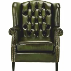 Casa Padrino Luxus Chesterfield Leder Ohrensessel Vintage Moosgrün / Schwarz