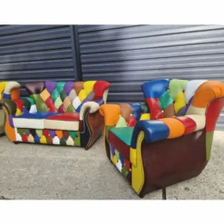 Casa Padrino Luxus Chesterfield Leder Sessel Bunt / Dunkelbraun - Patchwork Chesterfield Möbel