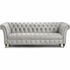 Casa Padrino Luxus Chesterfield Leder 3er Sofa Hellgrau 235 cm - Echtleder Möbel