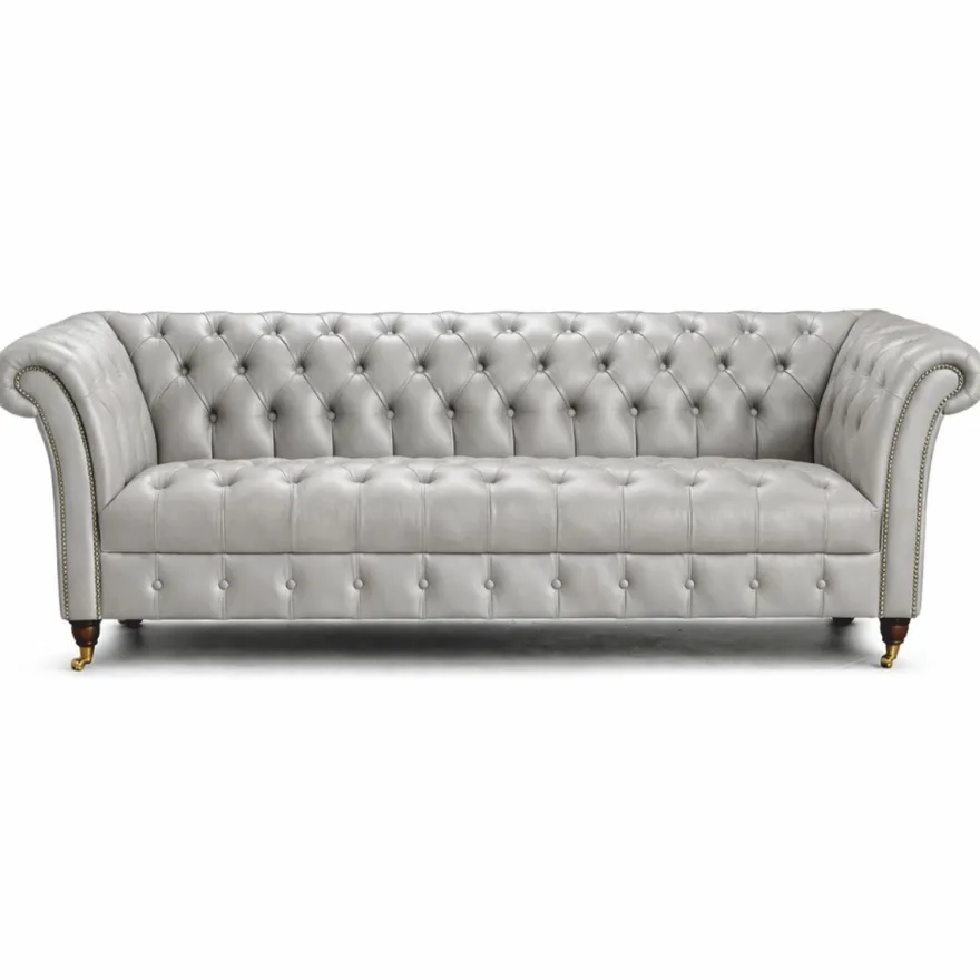 Casa Padrino Luxus Chesterfield Leder 3er Sofa Hellgrau 235 cm - Echtleder Möbel