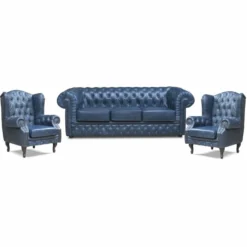 Casa Padrino Luxus Chesterfield Echtleder Ohrensessel Vintage Blau / Dunkelbraun