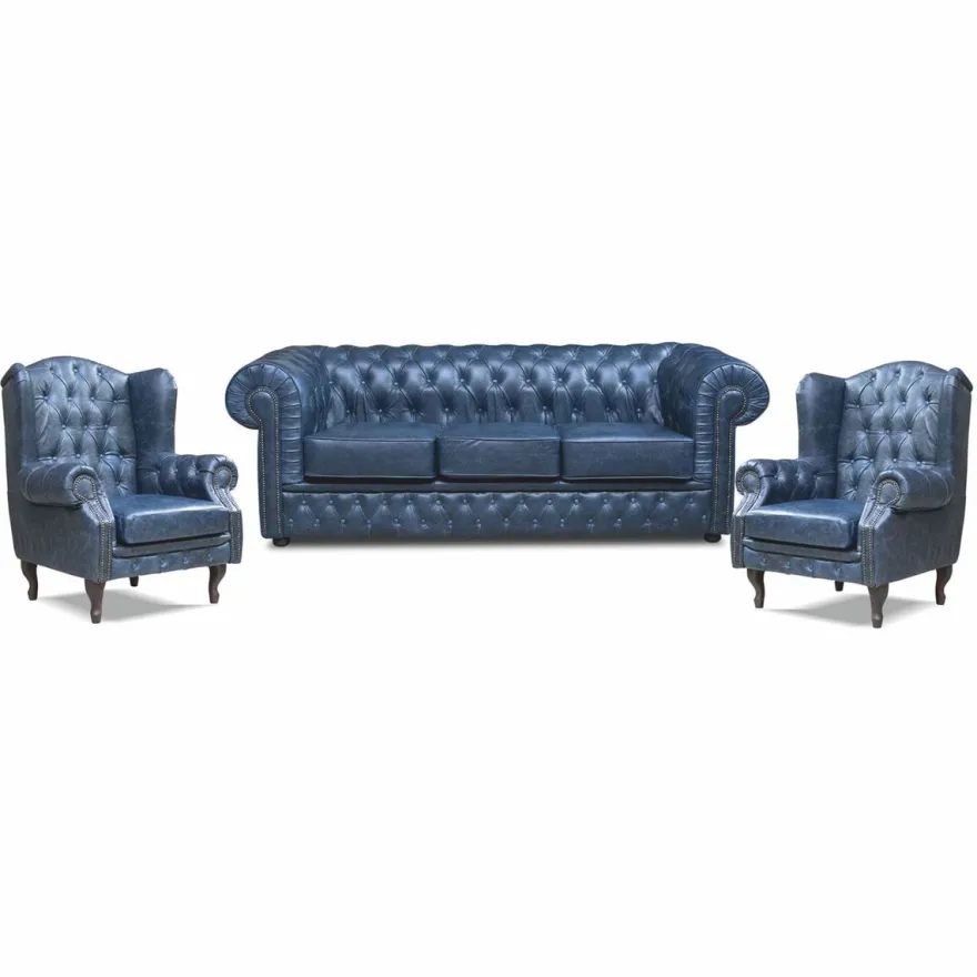 Casa Padrino Luxus Chesterfield Echtleder Ohrensessel Vintage Blau / Dunkelbraun