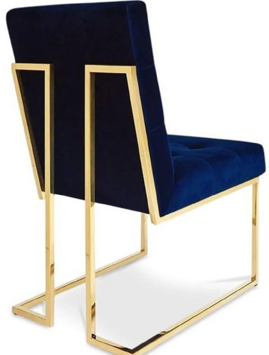 Casa Padrino Luxus Chesterfield Samt Esszimmerstuhl Dunkelblau / Gold 48 x 67,5 x H. 90 cm - Esszimmermöbel