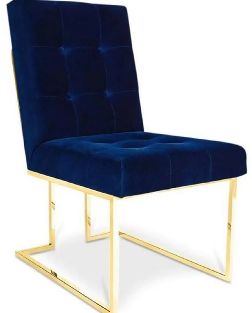 Casa Padrino Luxus Chesterfield Samt Esszimmerstuhl Dunkelblau / Gold 48 x 67,5 x H. 90 cm - Esszimmermöbel