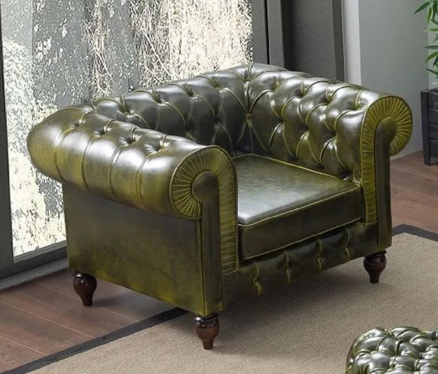 Casa Padrino Luxus Chesterfield Kunstleder Sessel Grün / Dunkelbraun 115 x 90 x H. 75 cm - Wohnzimmer Sofa - Wohnzimmer Möbel - Luxus Möbel - Luxus Wohnzimmer Einrichtung - Möbel Luxus