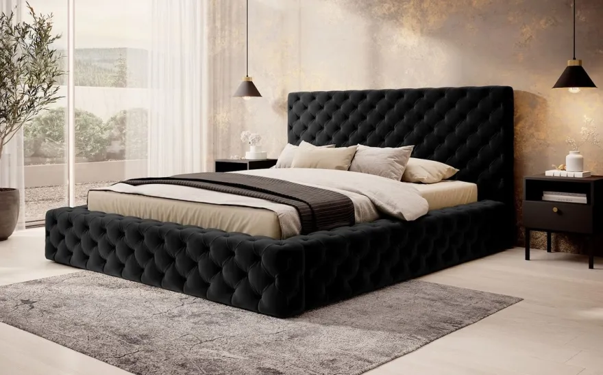 Casa Padrino Luxus Chesterfield Samt Doppelbett mit Matratze Schwarz - Verschiedene Größen