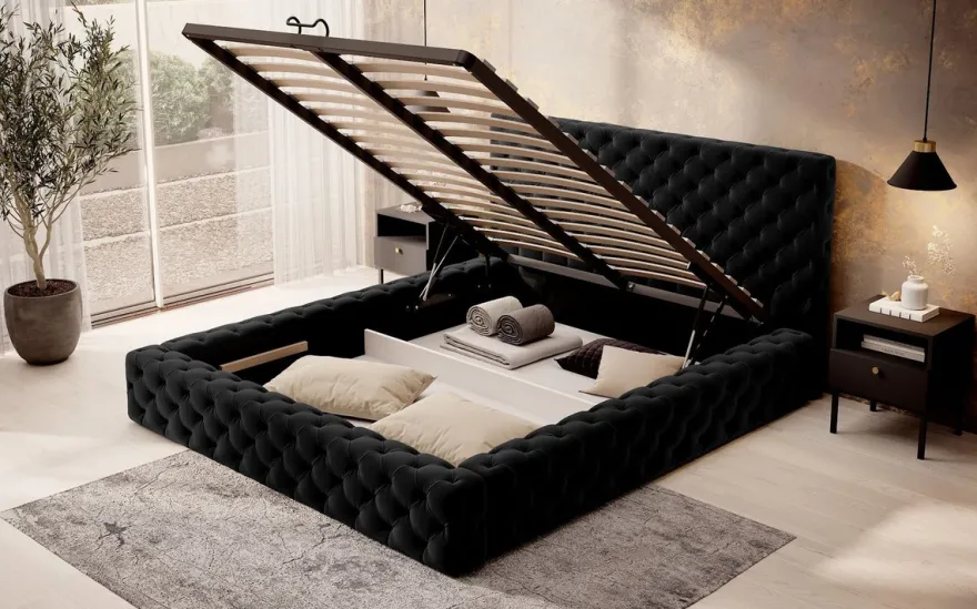 Casa Padrino Luxus Chesterfield Samt Doppelbett mit Matratze Schwarz - Verschiedene Größen