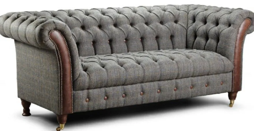 Casa Padrino Luxus Chesterfield 2er Sofa Grau / Dunkelbraun 200 x 95 x H. 85 cm - Wohnzimmer Sofa mit Echtleder - Chesterfield Wohnzimmer Möbel