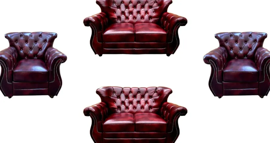 Casa Padrino Luxus Chesterfield Echtleder Wohnzimmer Set Bordeauxrot / Braun / Silber - 2 Leder Sofas & 2 Leder Sessel - Wohnzimmer Möbel - Chesterfield Möbel