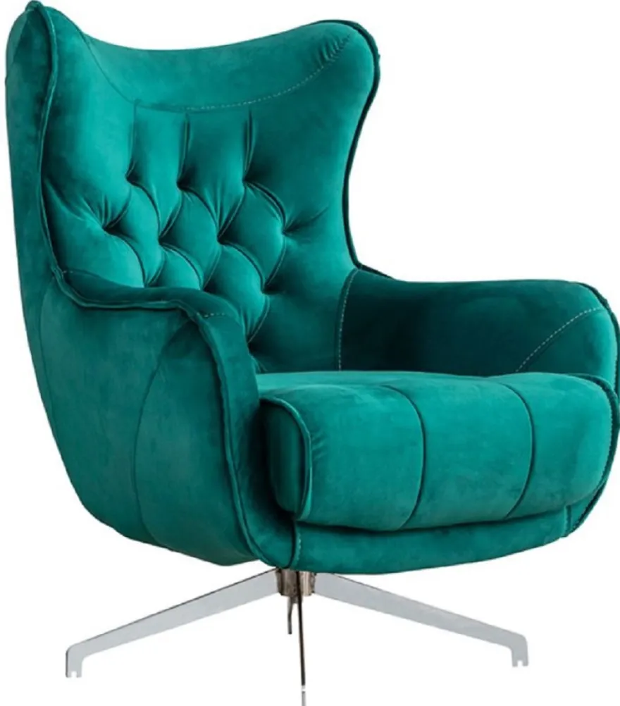 Casa Padrino Luxus Chesterfield Drehsessel Grün / Silber 86 x 82 x H. 100 cm - Wohnzimmer Sessel - Chesterfield Wohnzimmer Möbel