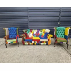 Casa Padrino Luxus Chesterfield Ohrensessel Grün / Bunt / Dunkelbraun - Patchwork Echtleder Möbel