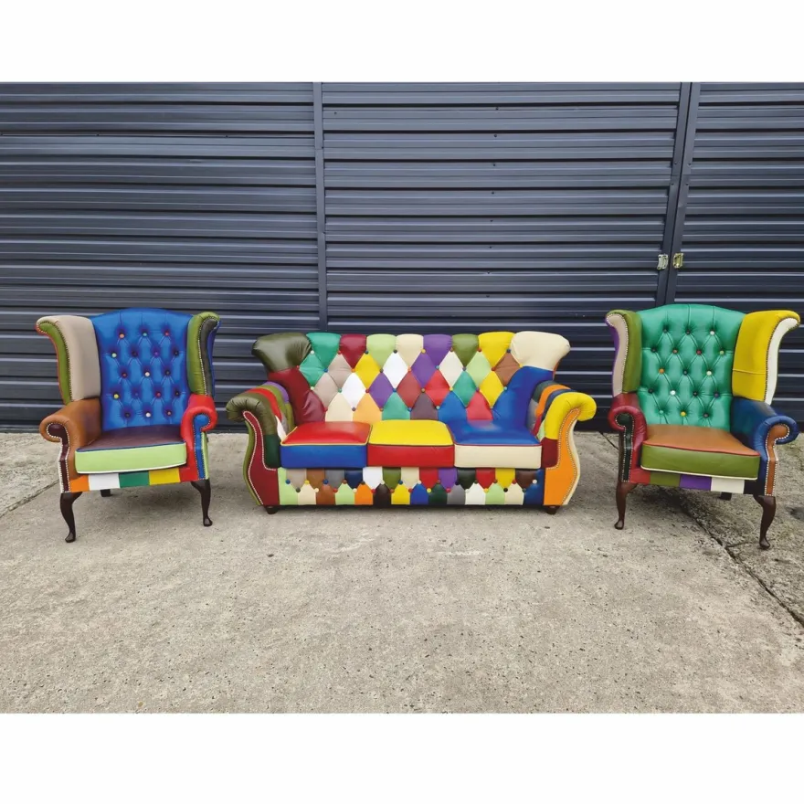 Casa Padrino Luxus Chesterfield Ohrensessel Grün / Bunt / Dunkelbraun - Patchwork Echtleder Möbel