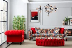 Casa Padrino Luxus Chesterfield Wohnzimmer Sofa mit Blumenmuster Grau / Mehrfarbig / Schwarz 235 x 90 x H. 75 cm - Chesterfield Wohnzimmer Möbel - Luxus Wohnzimmer Möbel - Luxus Einrichtung
