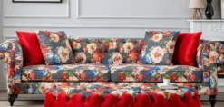 Casa Padrino Luxus Chesterfield Wohnzimmer Sofa mit Blumenmuster Grau / Mehrfarbig / Schwarz 235 x 90 x H. 75 cm - Chesterfield Wohnzimmer Möbel - Luxus Wohnzimmer Möbel - Luxus Einrichtung