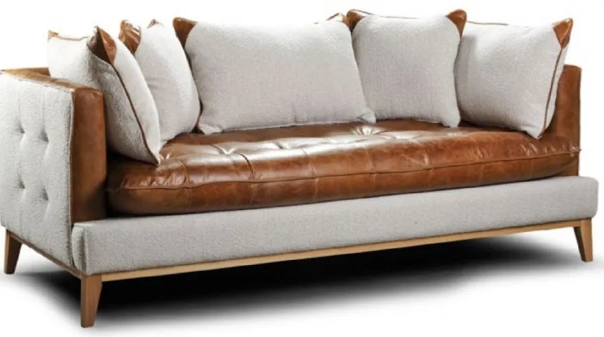 Casa Padrino Luxus Chesterfield 3er Sofa Braun / Weiß / Naturfarben 215 x 95 x H. 85 cm - Wohnzimmer Sofa mit Echtleder - Chesterfield Wohnzimmer Möbel